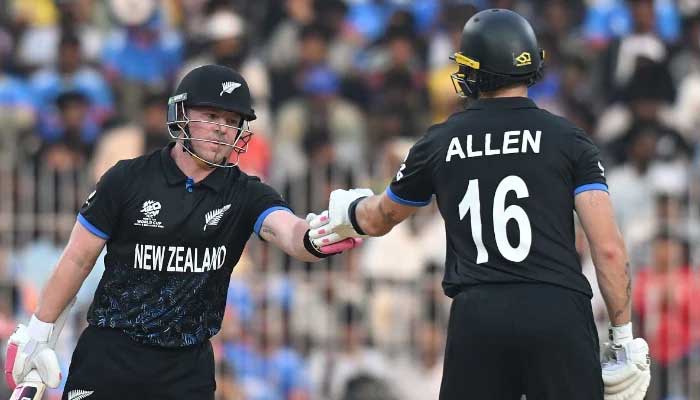 Finn Allen and Tim Seifert of New Zealand interact during the ICC Mens T20 World Cup 2026 match between against United Arab Emirates at MA Chidambaram Stadium on February 10, 2026 in Chennai, India. — AFP