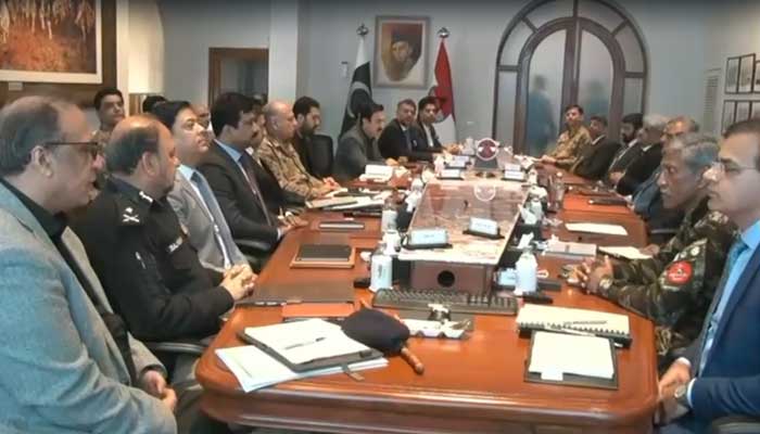 Interior Minister Mohsin Naqvi, KP Chief Minister Sohail Afridi, national security adviser, Peshawar corps commander and other senior officials attend security huddle in Peshawar on February 10, 2026. — Screengrab via video