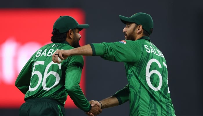 Pakistans Babar Azam (left) and captain Salman Agha celebrate a wicket during ICC Mens T20 World Cup match against USA at the SSC Ground, Colombo, February 10, 2026. — PCB