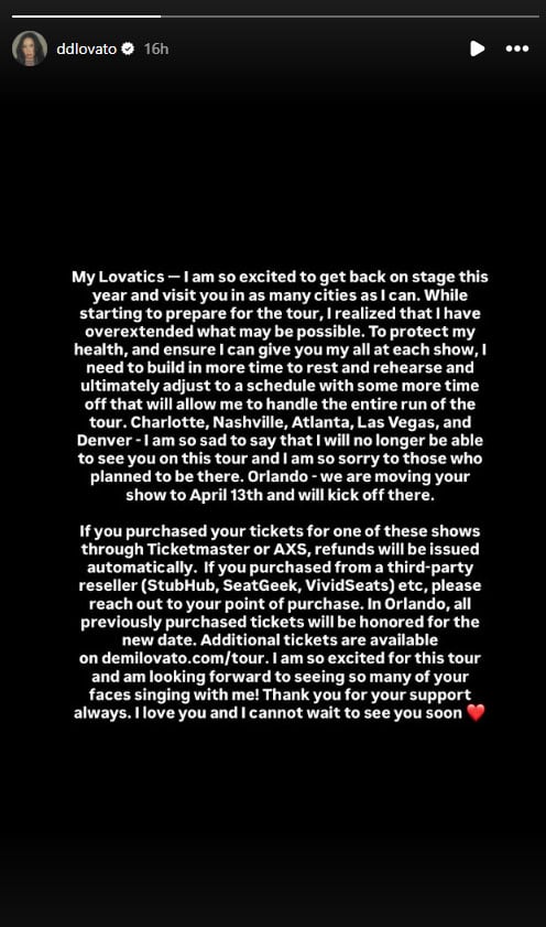 Demi Lovato delivers sad news to fans ahead of tour