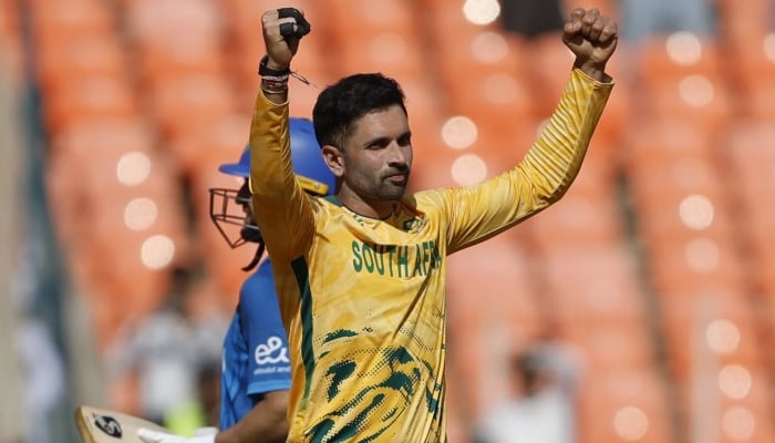 South Africas Keshav Maharaj kept his cool to win the game for South Africa, T20 World Cup, Ahmedabad, February 11, 2026. — ICC