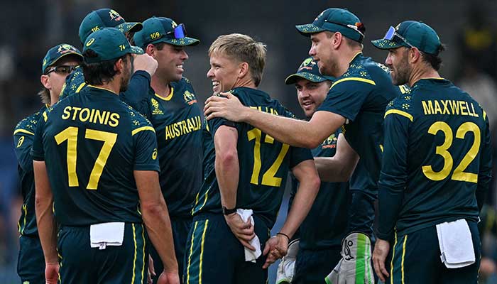 Australias Nathan Ellis (C) celebrates with teammates after taking the wicket of Irelands Curtis Campher during the 2026 ICC Mens T20 Cricket World Cup group stage match between Ireland and Australia at R Premadasa Stadium in Colombo on February 11, 2026. — AFP