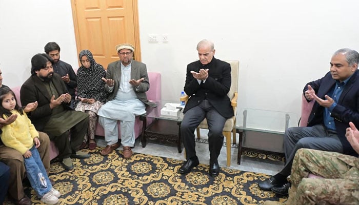 Prime Minister Shehbaz Sharif visits the residence of Auon Abbas Shaheed and offers fateha on February 11, 2026. — AFPP