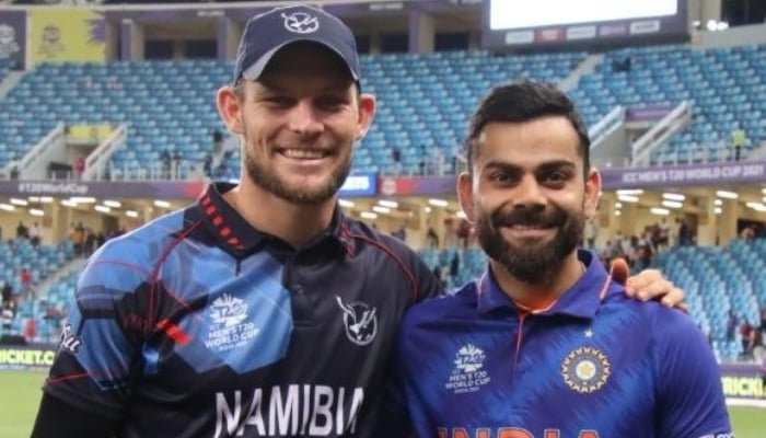 Namibia cricket team captain Gerhard Erasmus alongside India batter Virat Kohli, image posted on February 4, 2026. — Instagram/@gerhard_erasmus