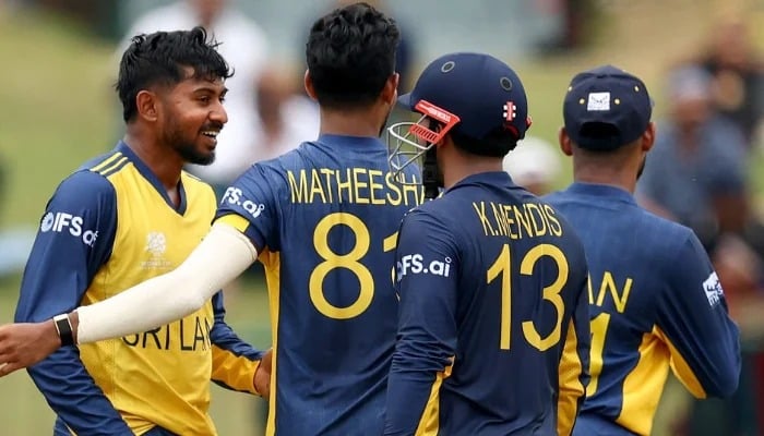 Kamindu Mendis of Sri Lanka celebrates taking the wicket of Nadeem Khan during the ICC Mens T20 World Cup 2026 match against Oman at Pallekele Cricket Stadium on February 12, 2026, in Kandy, Sri Lanka. — AFP
