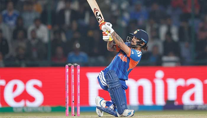 Indias Ishan Kishan plays a shot during the ICC Mens T20 World Cup group stage match against Namibia at Arun Jaitley Stadium, Delhi, on February 12, 2026. — Facebook/@IndianCricketTeam