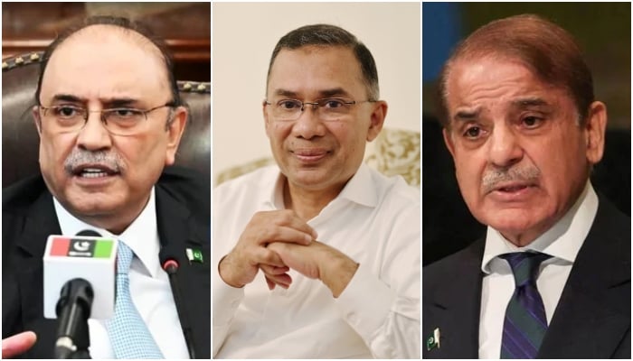 (From left) President of Pakistan Asif Ali Zardari, Chairman of the Bangladesh Nationalist Party Tarique Rahman and Prime Minister of Pakistan Shehbaz Sharif. — X/Reuters/@PPPMediaCell