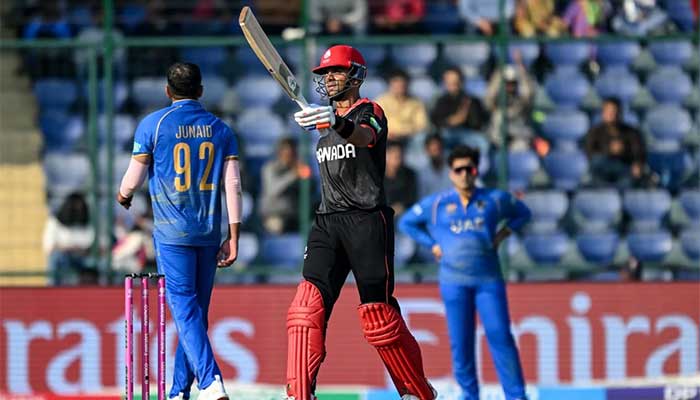 Canadas Harsh Thaker celebrates completing half-century during ICC Mens T20 World Cup 2026 group stage match against UAE at Arun Jaitley Stadium, Delhi, on February 13, 2026. — AFP