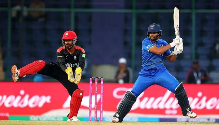 UAEs Aryansh Sharma plays a shot during ICC Mens T20 World Cup 2026 group stage match against Canada at Arun Jaitley Stadium, Delhi, on February 13, 2026. — ICC