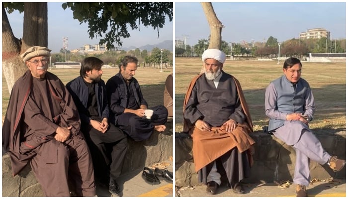 A collage showing TTAP chief Mehmood Khan Achakzai, TTAP leader Allama Raja Nasir Abbas and PTI Chairman Barrister Gohar Ali Khan staging a sit-in outside Parliament House in Islamabad on February 14, 2026. — X@TTAP_OFFICIAL