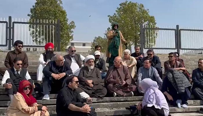 TTAP chief Mehmood Khan Achakzai, TTAP leader Allama Raja Nasir Abbas, PTI Chairman Barrister Gohar Ali Khan and others stag a sit-in outside Parliament House in Islamabad on February 14, 2026. — X@TTAP_OFFICIAL