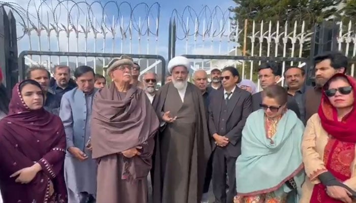 TTAP chief Mehmood Khan Achakzai, TTAP leader Allama Raja Nasir Abbas, PTI Chairman Barrister Gohar Ali Khan and others stage a protest outside Parliament House in Islamabad on February 14, 2026. — X@TTAP_OFFICIAL/screengrab