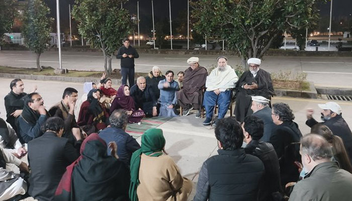 TTAP chief Mehmood Khan Achakzai, TTAP leader Allama Raja Nasir Abbas, PTI Chairman Barrister Gohar Ali Khan and others stage a protest outside Parliament House in Islamabad on February 14, 2026. — X@TTAP_OFFICIAL
