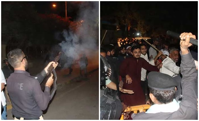 Police officials use teargas to stop Jamaat-e-Islami workers marching towards Sindh Assembly on February 14, 2026. — Facebook/@Khijamaat