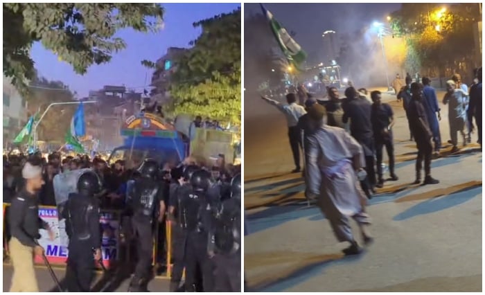 Police officials use teargas to stop Jamaat-e-Islami workers marching towards Sindh Assembly on February 14, 2026. — Screengrab via Facebook/@Khijamaat