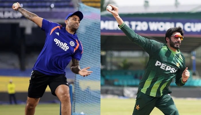 The collage of photos shows Indian captain Suryakumar Yadav (left) and Pakistan spinner Usman Tariq. — ICC