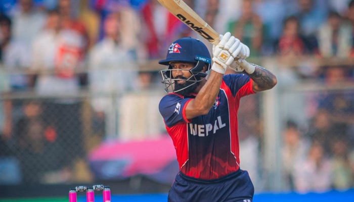 Nepals middle-order batter Dipendra Singh Airee plays a shot during T20 World Cup 2026 clash against West Indies at Wankhede Stadium, Mumbai, India, February 15, 2026. — Facebook/@CricketAssociationOfNepalOfficial