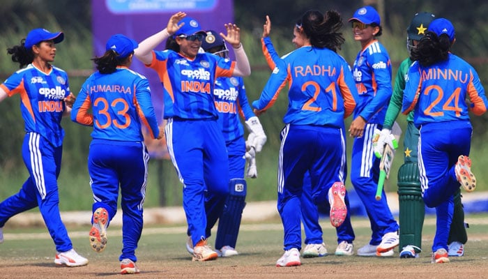 India A players celebrate after taking a wicket against Pakistan A in a match of ACC Asia Cup Rising Stars Womens 2026 at Tardthai Cricket Ground in Bangkok, Thailand on February 15, 2026. — ACC