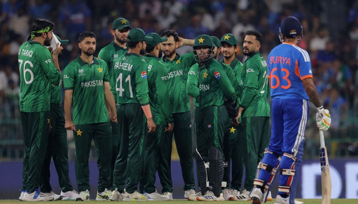 Pakistan players wait for a video review on a potential dismissal for Indias Suryakumar Yadav during their group match of the ICC Men’s T20 World Cup on February 15, 2026. — Reuters