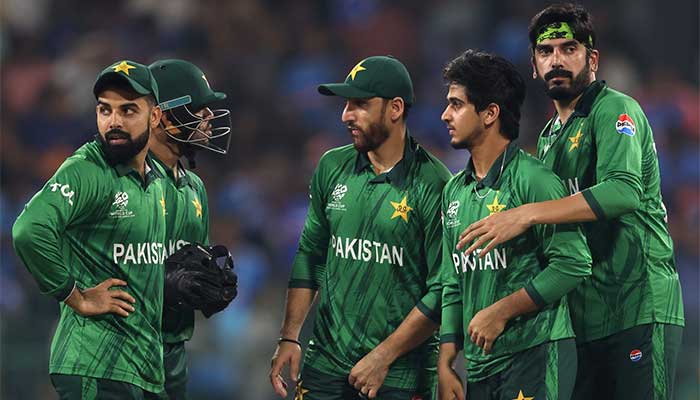 Pakistan skipper Salman Ali Agha stands with teammates during the ICC Mens T20 World Cup 2026 match against India at at R Premadasa Stadium in Colombo, Sri Lanka, on February 15, 2026. — Facebook/@PakistanCricketBoard