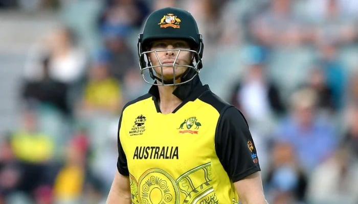 Steve Smith of Australia reacts to losing his wicket during the ICC Mens T20 World Cup match between Australia and Afghanistan at Adelaide Oval on November 04, 2022 in Adelaide, Australia. — ICC