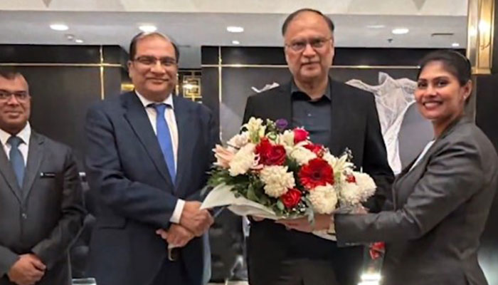 Federal Minister for Planning Ahsan Iqbal is welcomed upon reaching Bangladesh on February 17, 2026. — X@betterpakistan