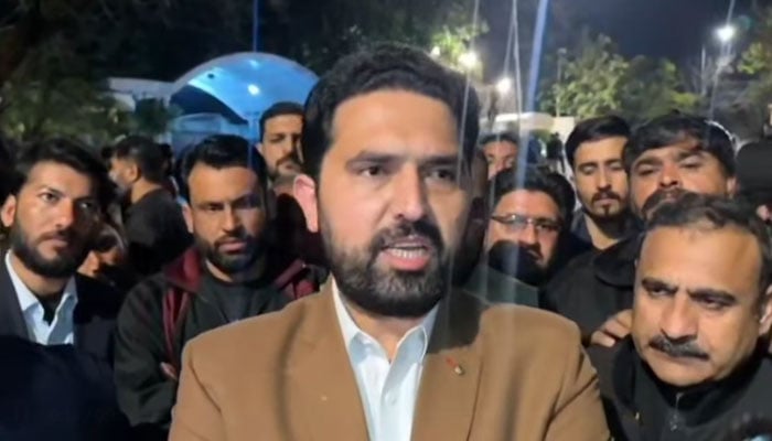 Khyber Pakhtunkhwa Chief Minister Sohail Afridi talking to the media outside the KP House in Islamabad on February 17, 2026. — Facebook@KPChiefMinister/Screengrab