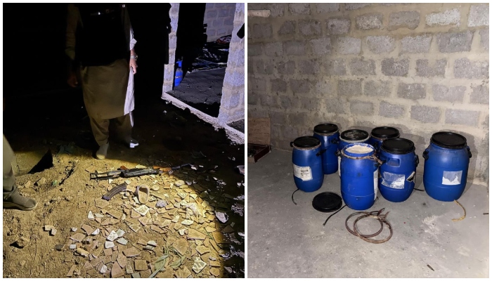 A collage showing an assault rifle (left) and explosives recovered by CTD in Karachi on February 17, 2026. — Geo News