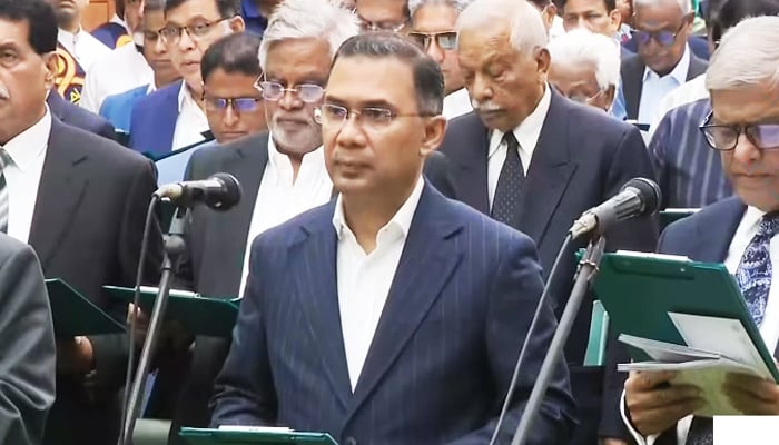 Bangladeshs newly-elected lawmakers take oath as members of parliament in Dhaka on February 17, 2026. — Geo News live screengrab