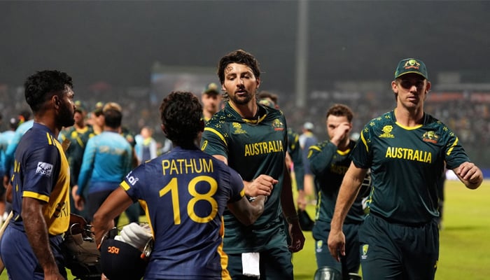 Tim David congratulates Pathum Nissanka after Sri Lanka inflicted eight-wicket loss on Australia in the high-stakes ICC Mens T20 World Cup 2026 Group B match at Pallekele International Cricket Stadium, Pallekele, February 16, 2026. — ICC