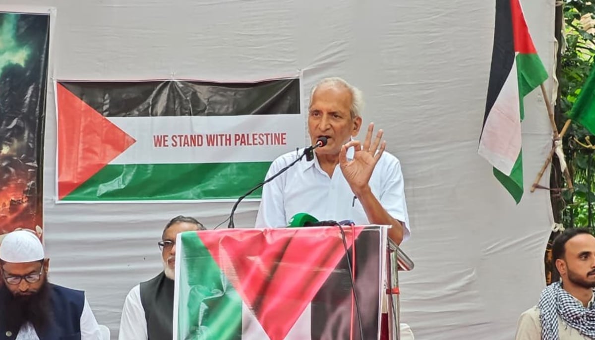 Prof Tripathi speaks at a pro-Palestine event in India. — The Crossbill/File