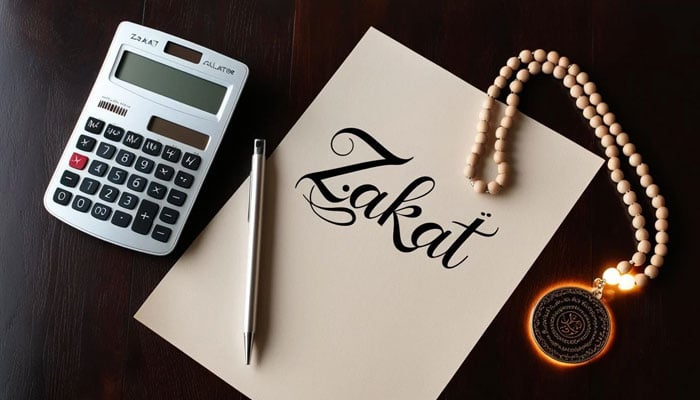 A representational image shows a calculator placed beside a white paper with Zakat written on it, alongside a rosary. — Canva