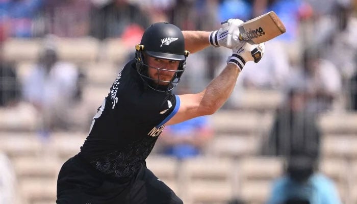 Glenn Phillips of New Zealand plays a shot during the ICC Mens T20 World Cup 2026 against Canada at MA Chidambaram Stadium on February 17, 2026 in Chennai, India. — ICC