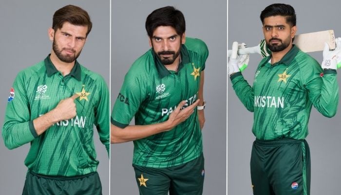 Collage shows Pakistan cricketers Shaeen Shah Afridi, Usman Tariq, and Babar Azam. — PCB