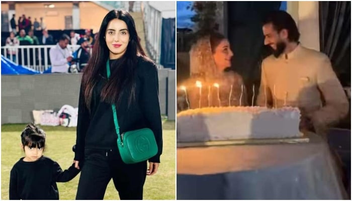 This collage shows Imad Wasims ex-wife Sannia Ashfaq (left) standing with her daughter, and cricketer poses with second wife in another picture. — Instagram/@Sannia_Ashfaq