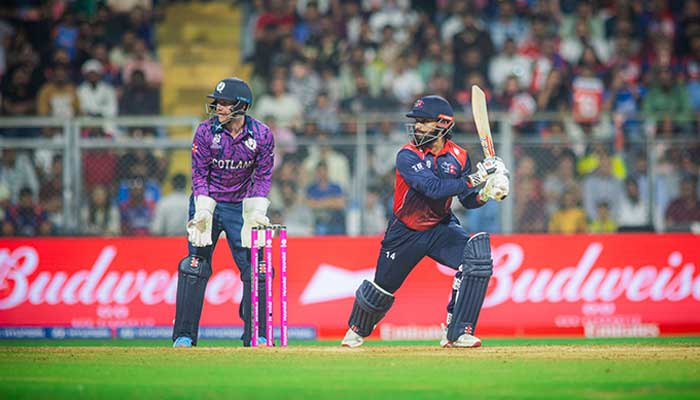 Nepals Kushal Bhurtel plays a shot during ICC Mens T20 World Cup 2026 group-stage match against Scotland at Wankhede Stadium, Mumbai, on February 17, 2026. — Facebook/@CricketAssociationOfNepalOfficial.CAN