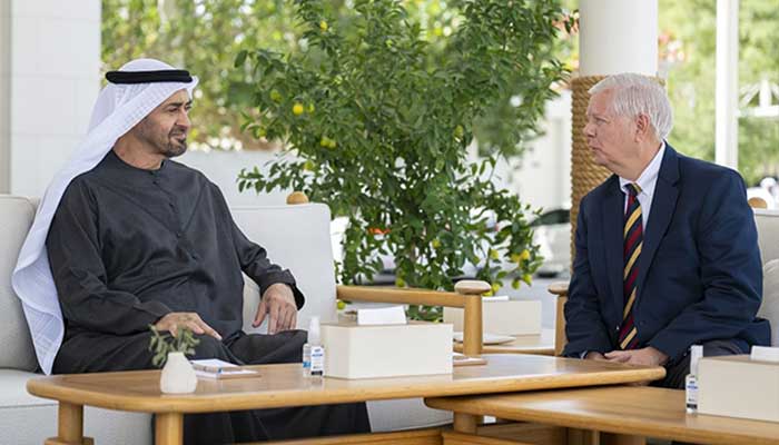 US Senator Lindsey Graham meets UAE President Sheikh Mohammed bin Zayed Al Nahyan at Qasr Al Shati, Abu Dhabi, on February 18, 2026. — X/@WAMNEWS_ENG