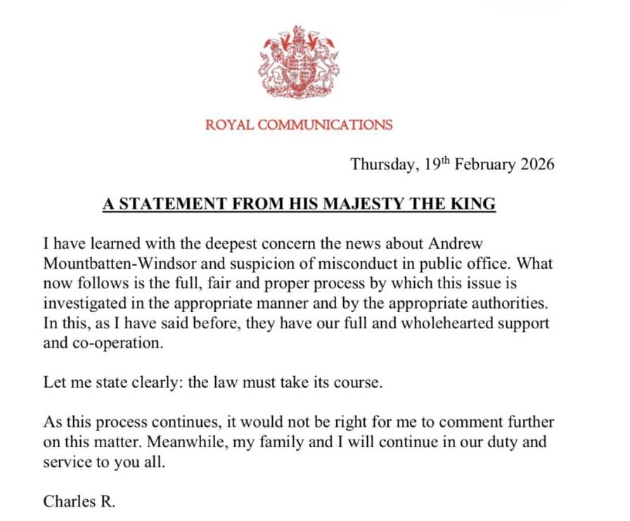 King Charles issues first statement after Andrews arrest: The law must take its course