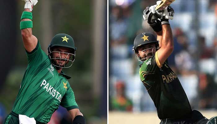 This collage shows undated photos of Pakistans Sahibzada Farhan (left) and Ahmed Shehzad. — ICC/PCB/File