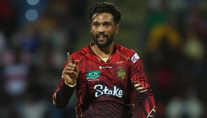 Mohammad Amir of Trinbago Knight Riders during the Mens 2025 Caribbean Premier League match between Antigua & Barbuda Falcons v Trinbago Knight Riders at Sir Vivian Richards Cricket Ground on August 20, 2025 in St Johns, Antigua and Barbuda. — CPL T20