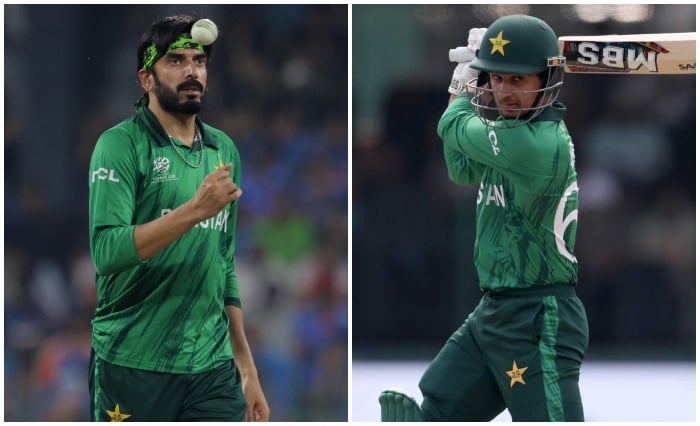 The collage shows Pakistan spinner Usman Tariq (left) and opening batter Saim Ayub. — Reuters/PCB/File