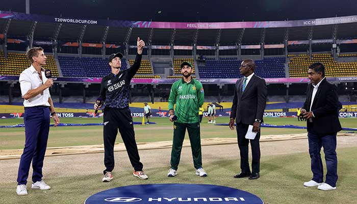 Pakistan captain Salman Ali Agha (centre) and New Zealands Mitchell Santner (second from left) at the toss for their ICC Mens T20 World Cup Super Eights match at the R Premadasa Stadium in Colombo on February 21, 2026. — PCB
