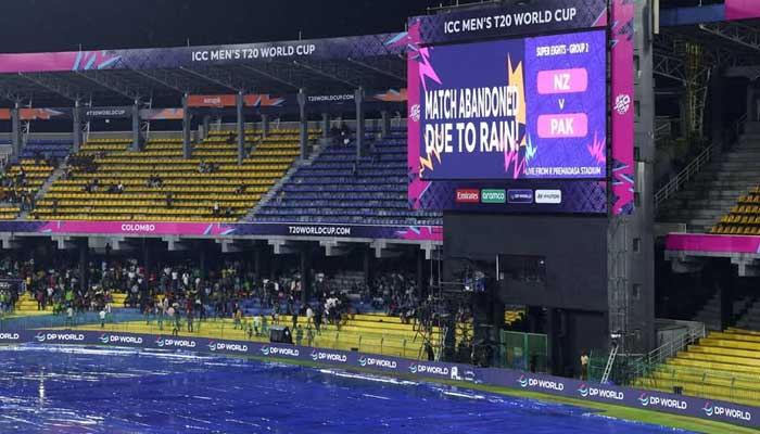 Ground screen at R Premadasa Stadium in Colombo displays Match abandoned due to rain after the toss between Pakistan and New Zealand in the ICC Mens T20 World Cup Super Eight clash on February 21, 2026. — PCB