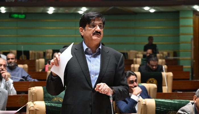 Sindh Chief Minister Murad Ali Shah tables a resolution during a session of the Sindh Assembly, Karachi, February 21. 2026. — X/@SindhCMHouse