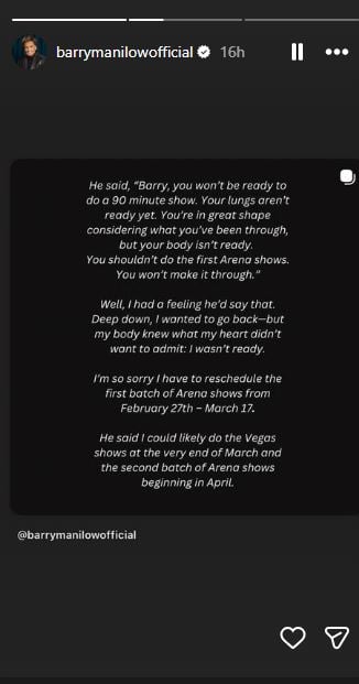 Barry Manilow postpones tour dates after doctor warning amid cancer recovery