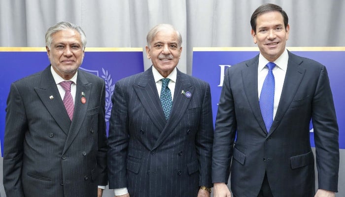 Prime Minister Shehbaz Sharif poses for a picture with, Deputy Prime Minister and Foreign Minister Ishaq Dar and US Secretary of State Marco Rubio in Washington, DC, US, February 19, 2026. — X/@SecRubio