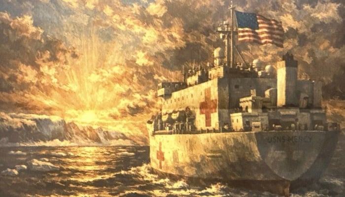 Apparent AI image that depicts the USNS Mercy — an 894-foot (272-metre) vessel that is typically stationed in southern California, US, February 22, 2026. — TruthSocial/@realDonaldTrump