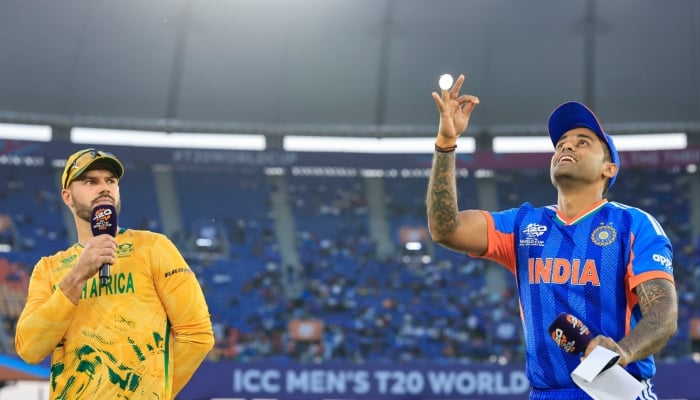 South Africa captain Aiden Markram (left) and Indias Suryakumar Yadav at the toss for their ICC Mens T20 World Cup match at the Narendra Modi Stadium in Ahmedabad on February 22, 2026. — BCCI