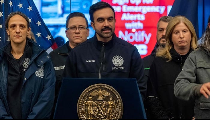 New York City Mayor Zohran Mamdani speaks at a news conference on Sunday as the city braces for a winter storm in New York City, US, on February 23, 2026. — AFP