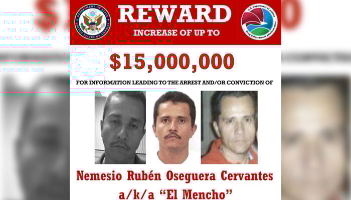Mexican drug lord Nemesio Oseguera Cervantes, also known as El Mencho, appears in undated photographs in a wanted poster on the US Department of State website with a $15 million reward offered for information leading to his arrest. — Reuters